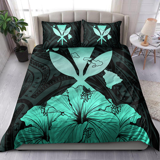 Hawaiian Bedding Set Kanaka Maoli Hibiscus Polynesian Love Turquoise