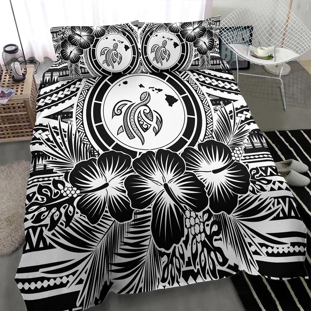 Hawaii Bedding Set Map Honu Hibiscus Polynesian White