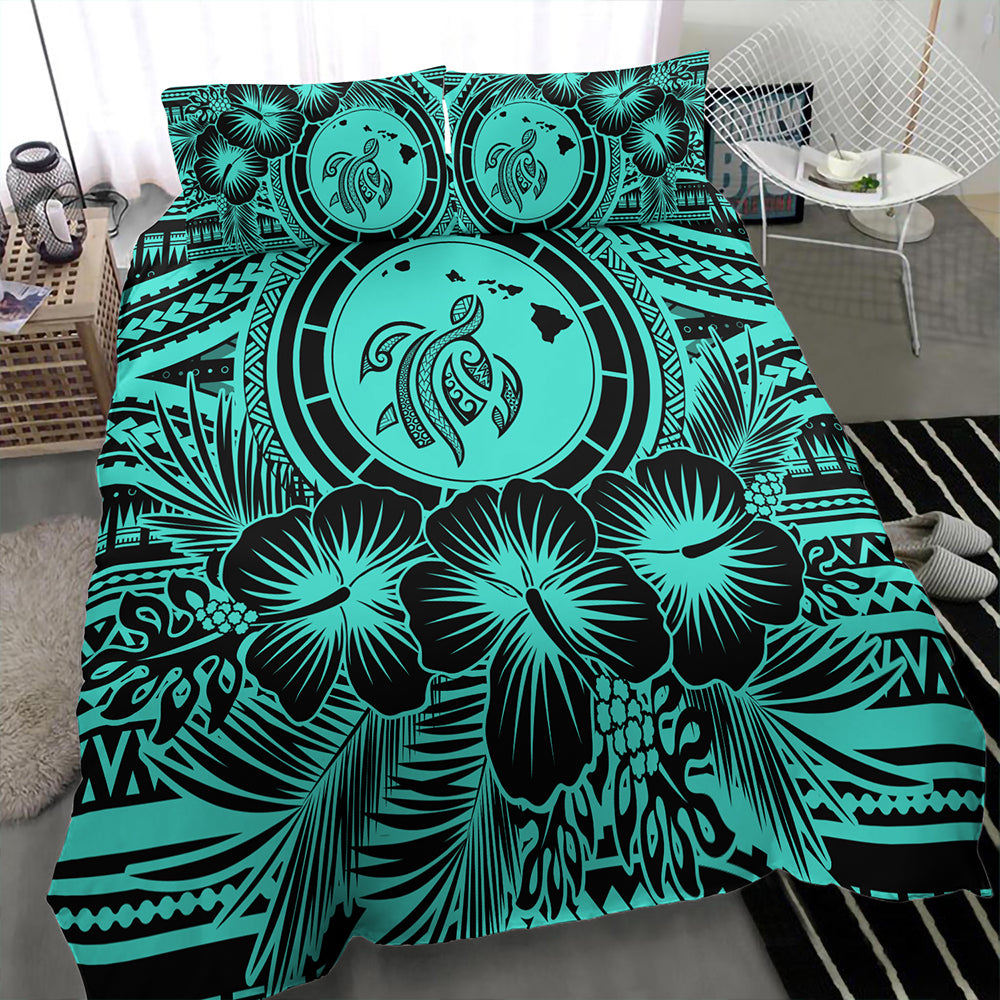 Hawaii Bedding Set Map Honu Hibiscus Polynesian Turquoise