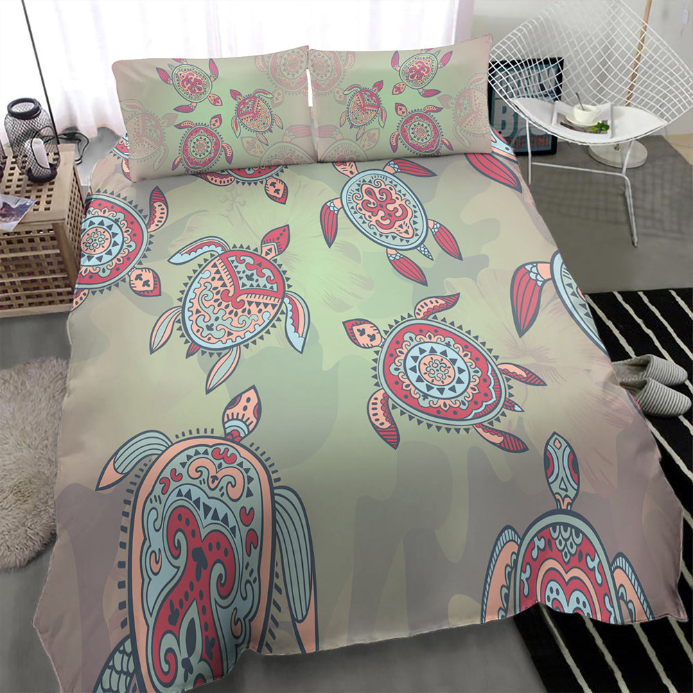 Hawaii Bedding Set Turtle Colorful Hibiscus Background