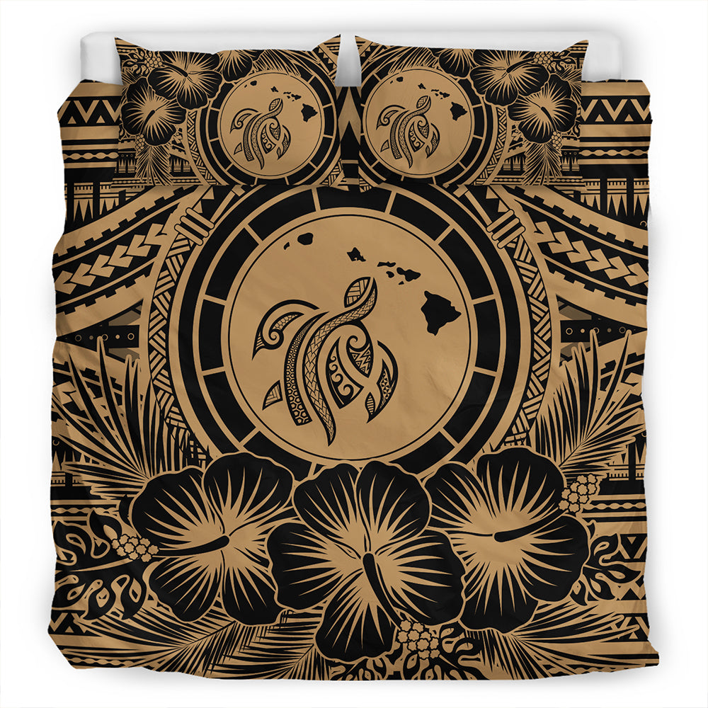 Hawaii Bedding Set Map Honu Hibiscus Polynesian Gold