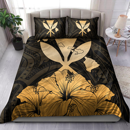 Hawaiian Bedding Set Kanaka Maoli Hibiscus Polynesian Love Gold