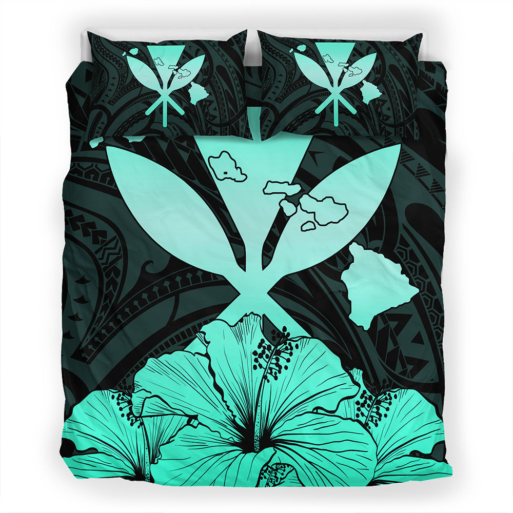 Hawaiian Bedding Set Kanaka Maoli Hibiscus Polynesian Love Turquoise
