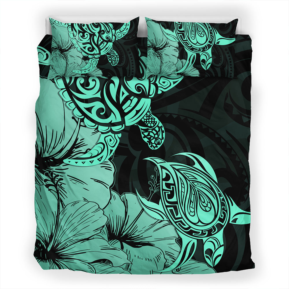 Hawaii Turtle Bedding Set Polynesian Hibiscus Art Turquoise