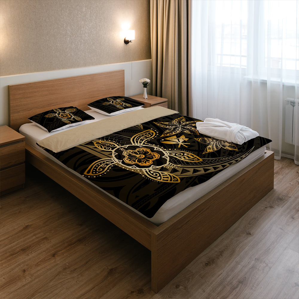 Hawaii Bedding Set Kanaka Maoli Map Hibiscus Plumeria Turtle Art Polynesian Gold