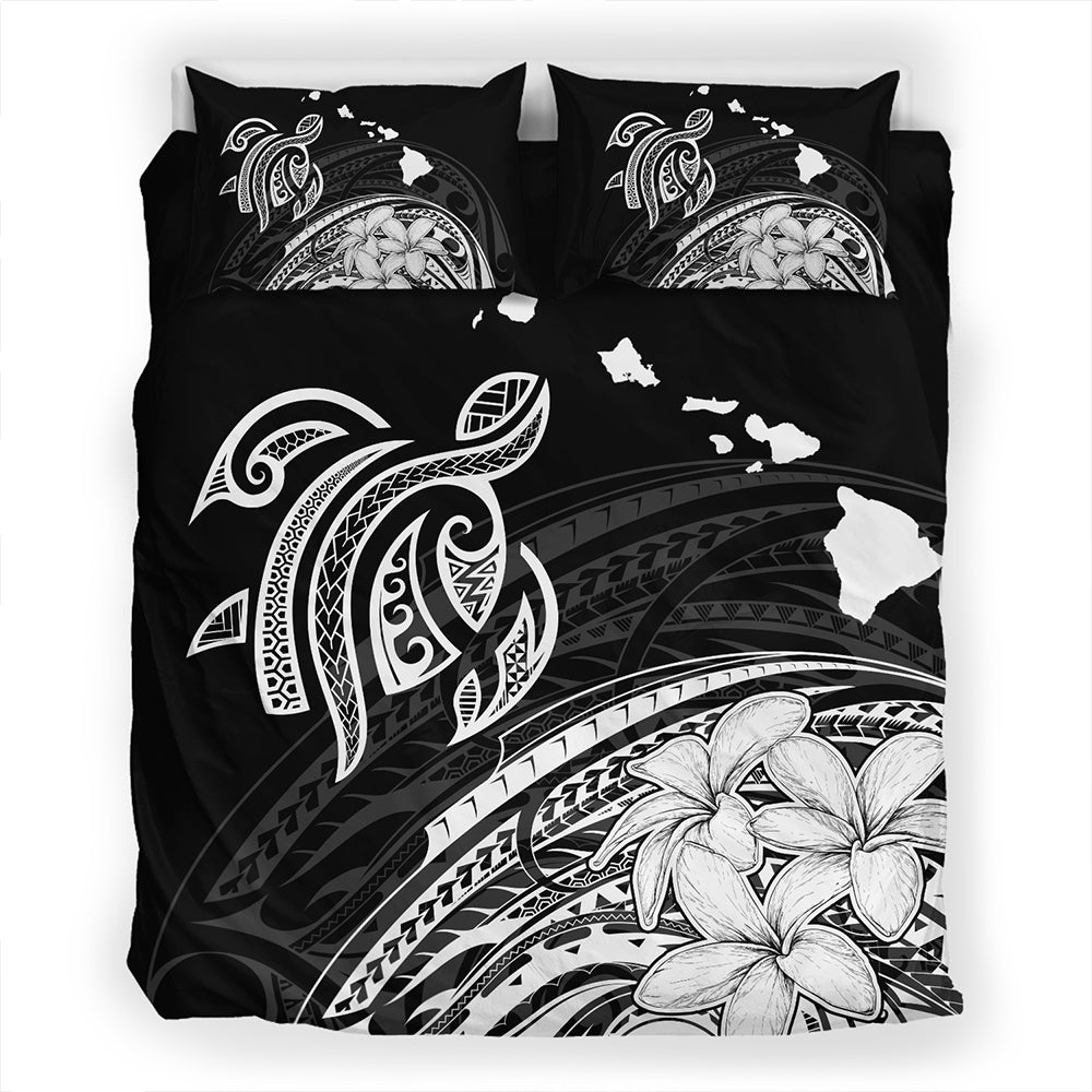 Hawaii Bedding Set Turtle Polynesian Map Plumeria White