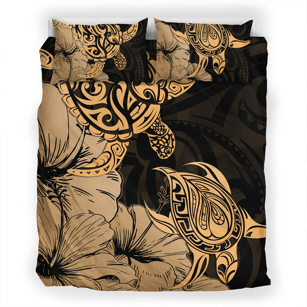 Hawaii Turtle Bedding Set Polynesian Hibiscus Art Gold