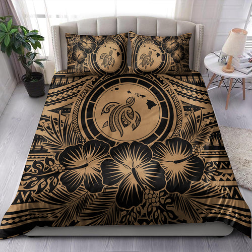 Hawaii Bedding Set Map Honu Hibiscus Polynesian Gold