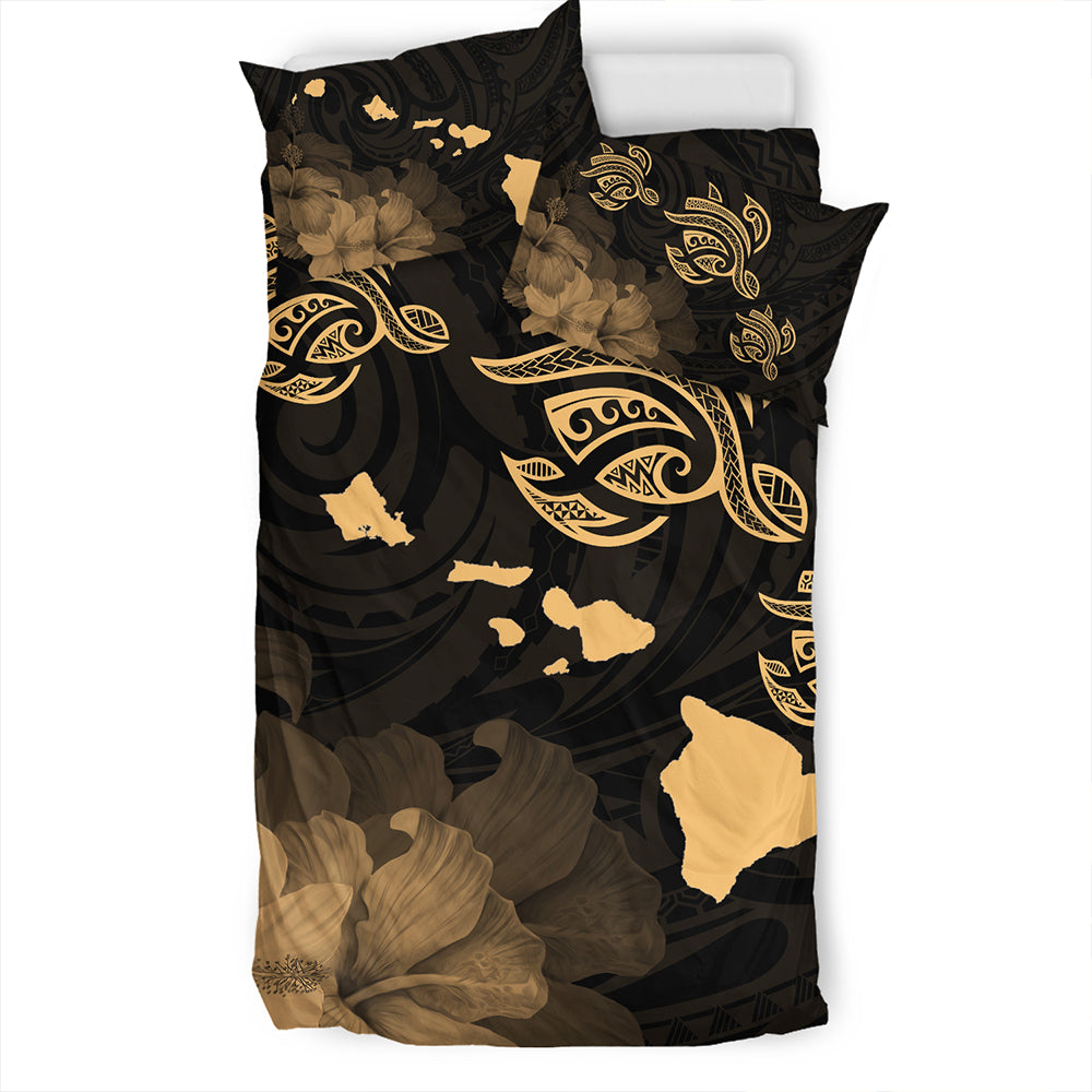Hawaii Bedding Set Turtle Hibiscus Map Polynesian Family Gold