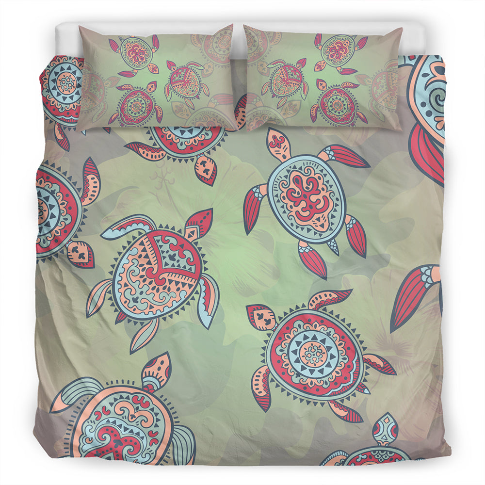 Hawaii Bedding Set Turtle Colorful Hibiscus Background