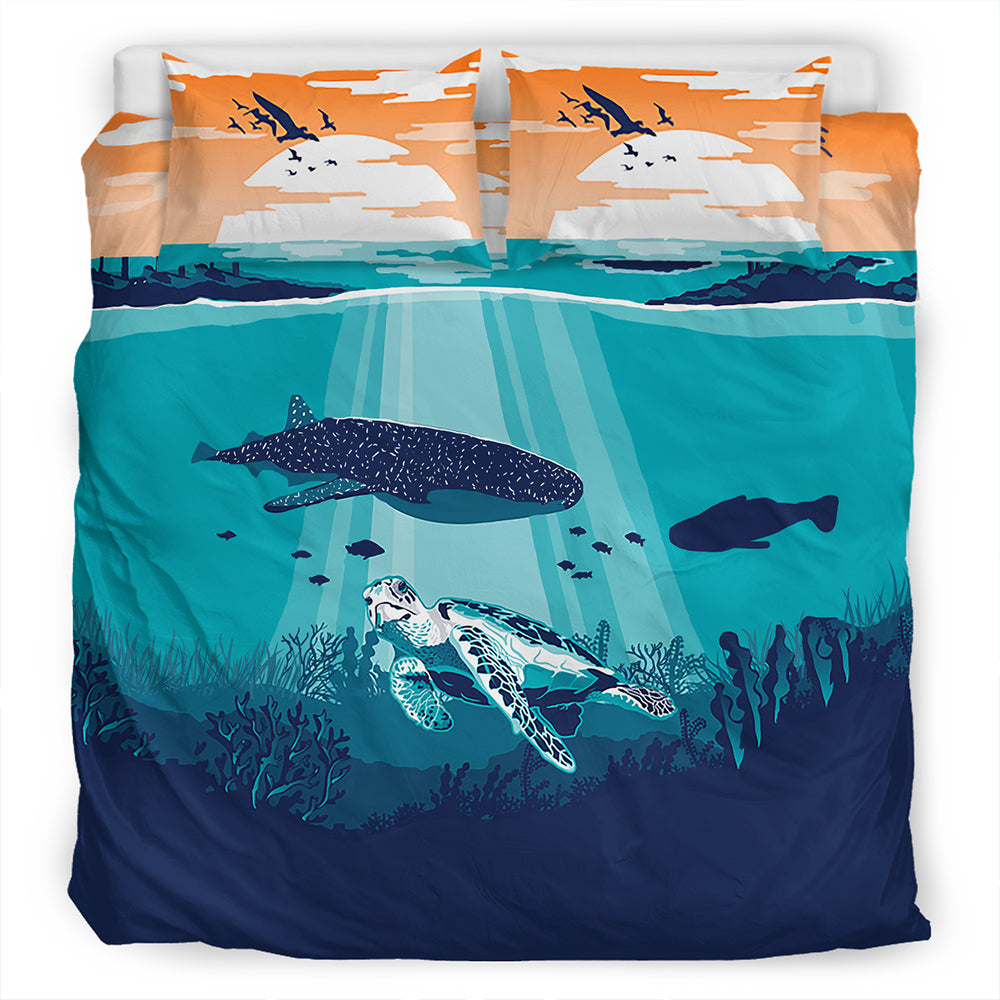 Hawaii Bedding Set Whale And Turtle In Sunset Polynesian