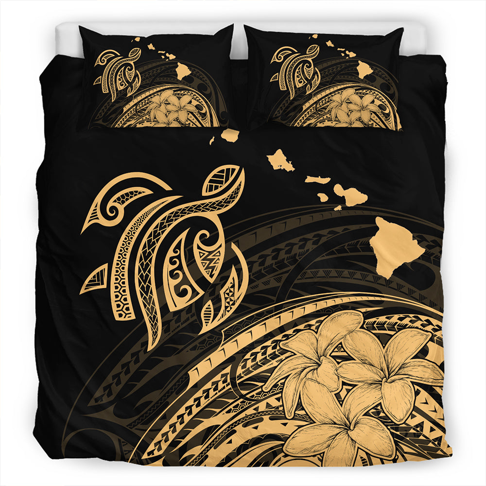 Hawaii Bedding Set Turtle Polynesian Map Plumeria Gold