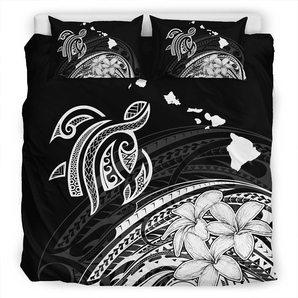 Hawaii Bedding Set Turtle Polynesian Map Plumeria White