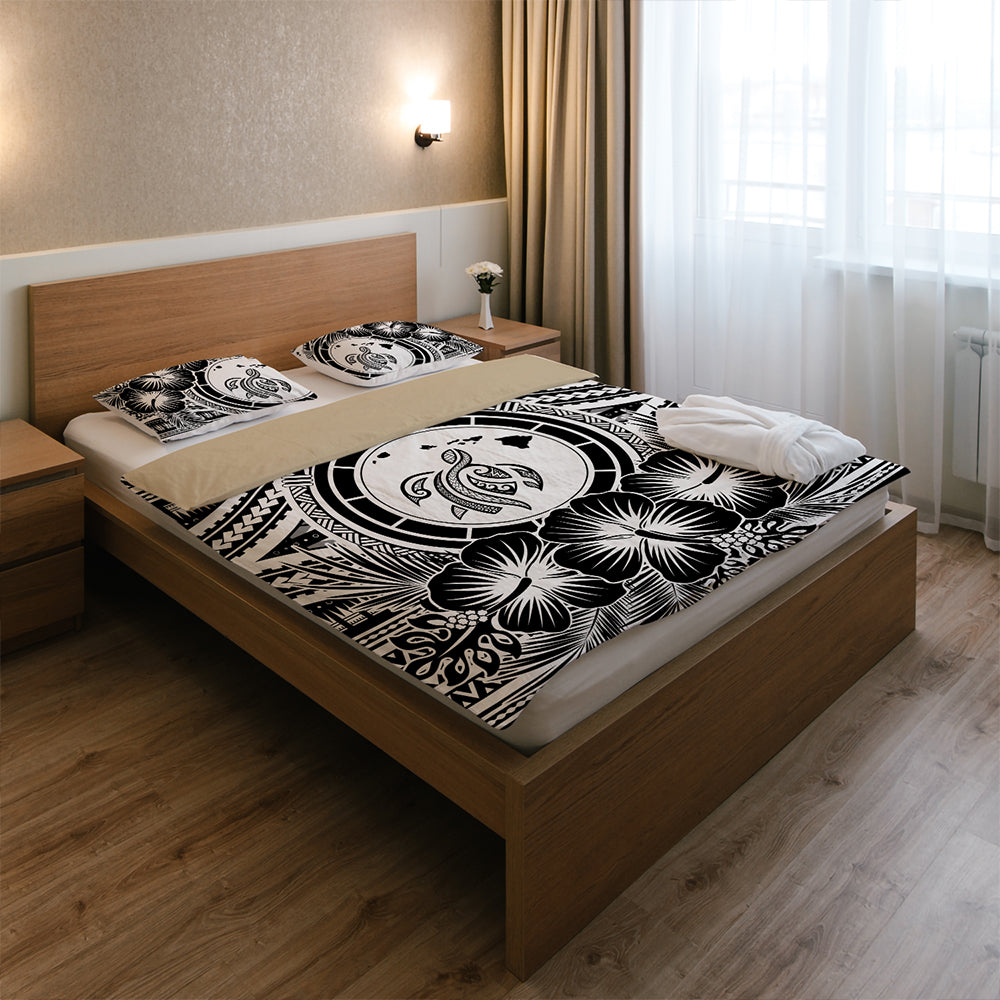 Hawaii Bedding Set Map Honu Hibiscus Polynesian White