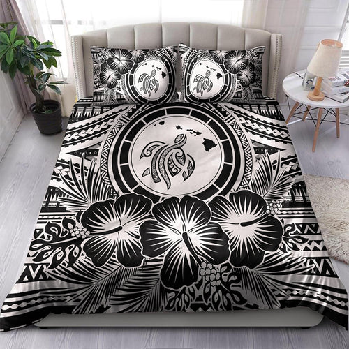 Hawaii Bedding Set Map Honu Hibiscus Polynesian White