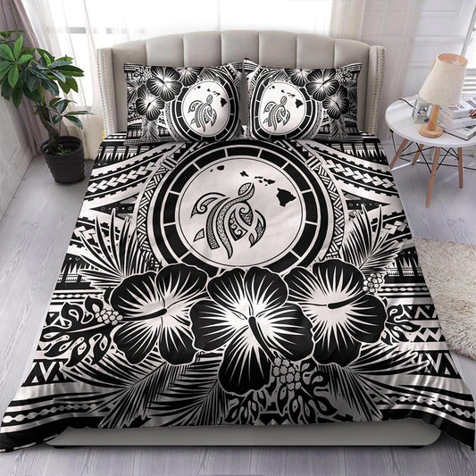Hawaii Bedding Set Map Honu Hibiscus Polynesian White
