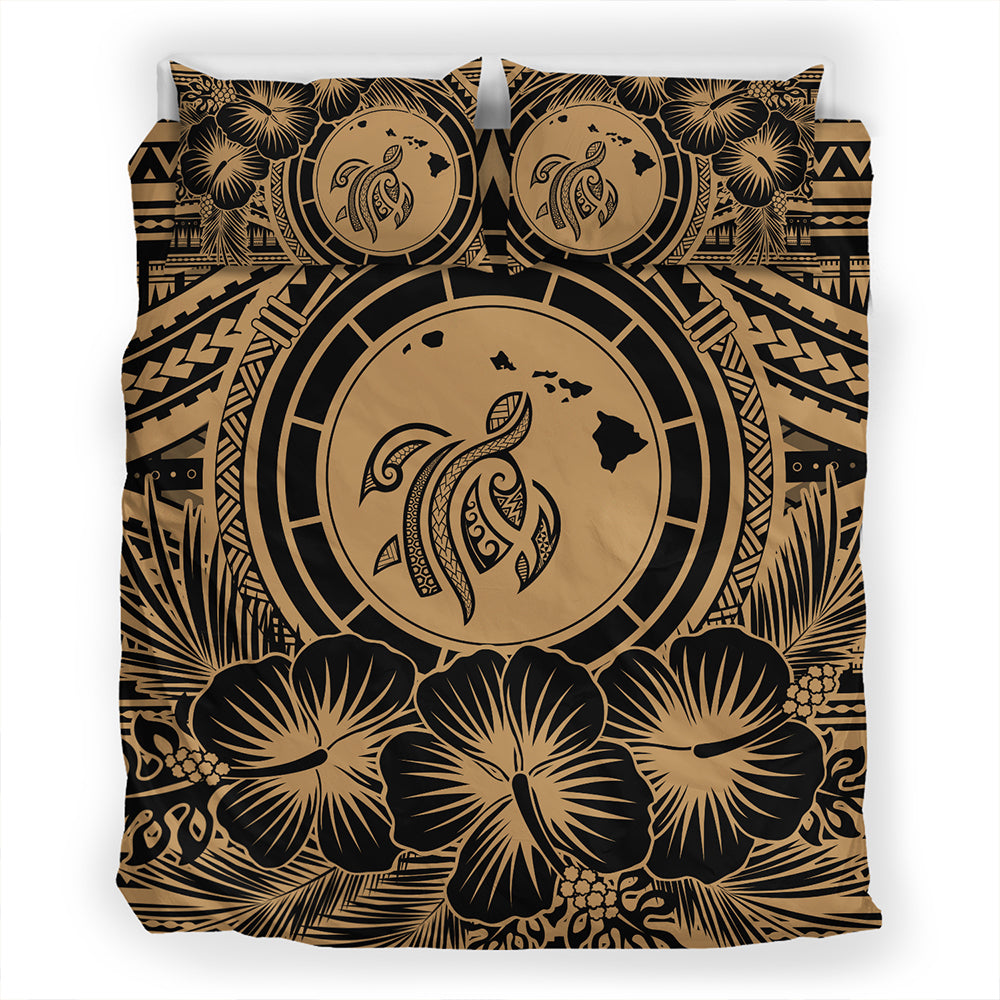 Hawaii Bedding Set Map Honu Hibiscus Polynesian Gold