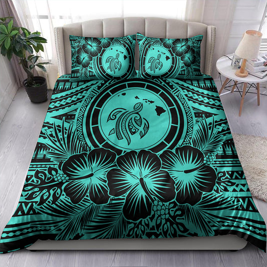 Hawaii Bedding Set Map Honu Hibiscus Polynesian Turquoise