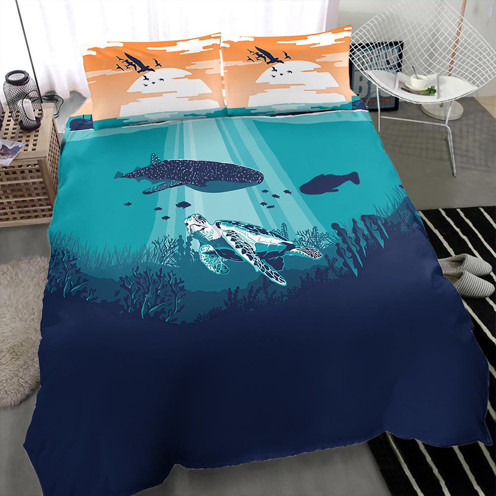 Hawaii Bedding Set Whale And Turtle In Sunset Polynesian