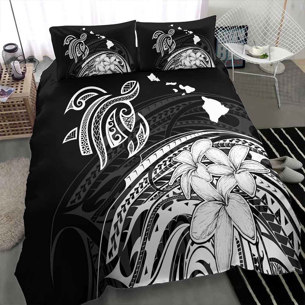 Hawaii Bedding Set Turtle Polynesian Map Plumeria White