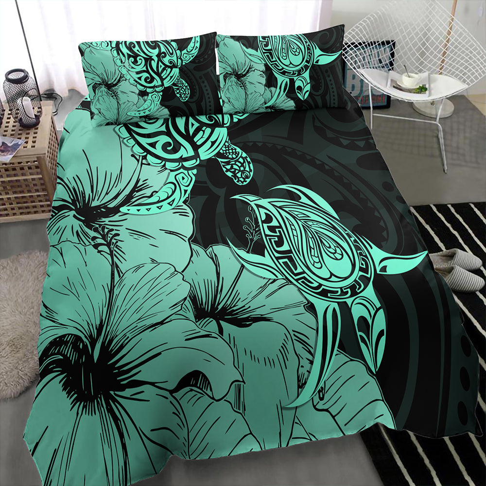Hawaii Turtle Bedding Set Polynesian Hibiscus Art Turquoise