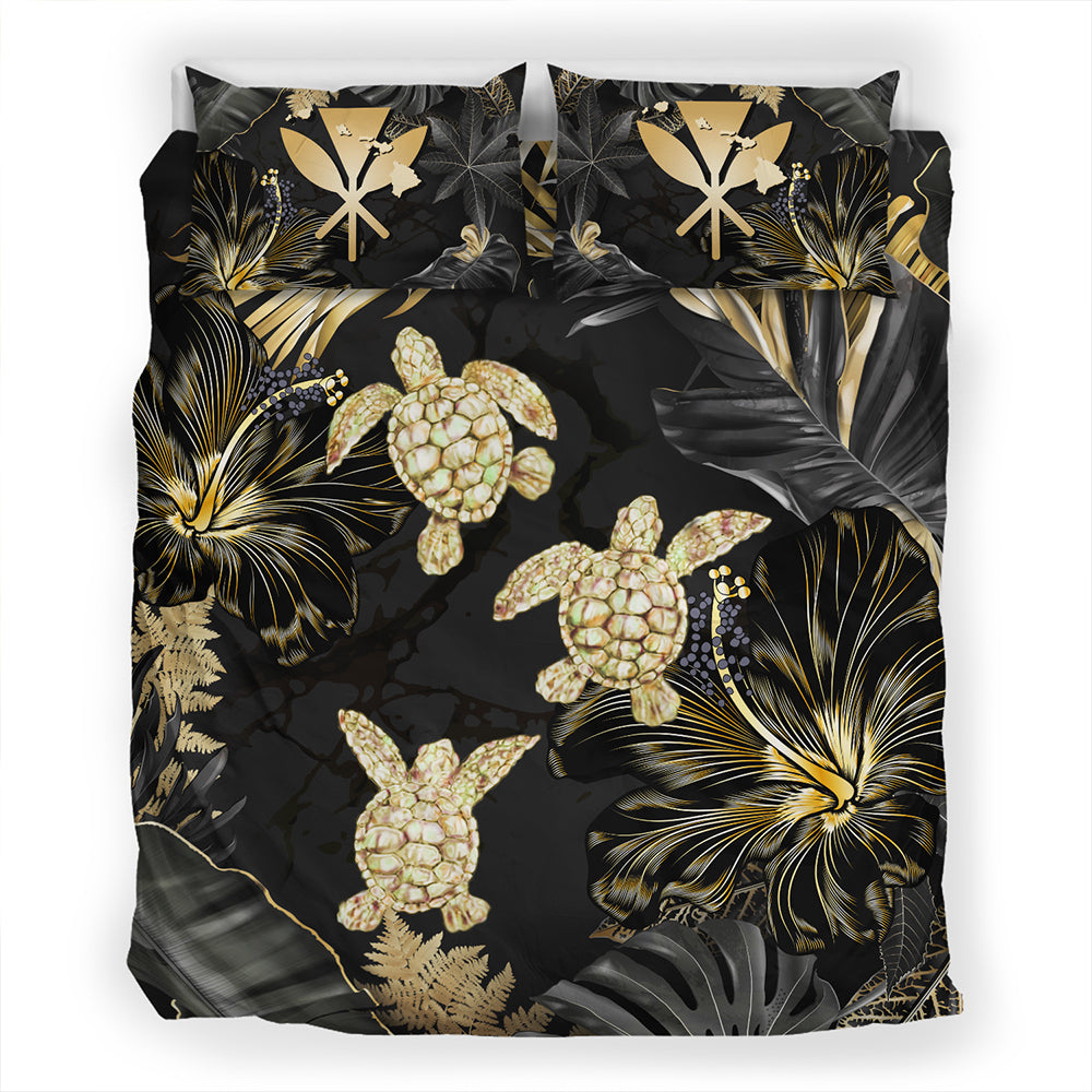 Hawaii Bedding Set Kanaka Maoli Golden Tropical Turtle