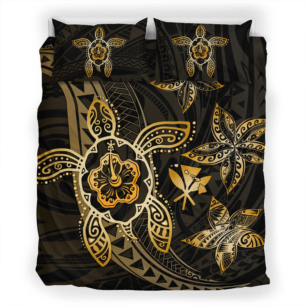 Hawaii Bedding Set Kanaka Maoli Map Hibiscus Plumeria Turtle Art Polynesian Gold