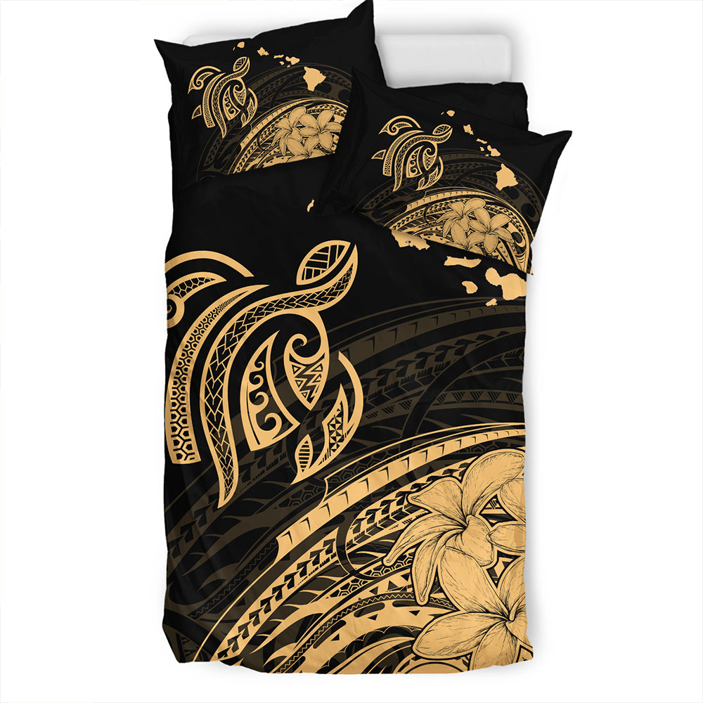 Hawaii Bedding Set Turtle Polynesian Map Plumeria Gold