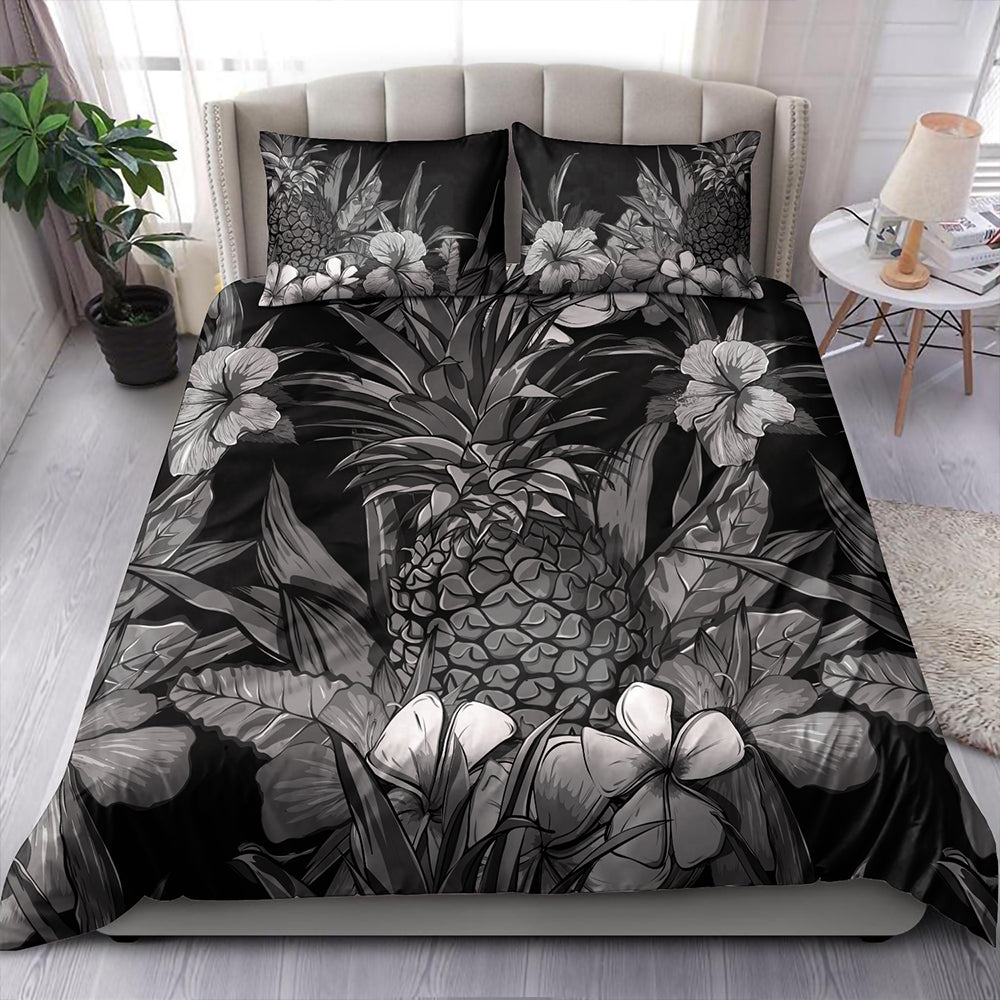 Hawaii Bedding Set Pineapple Hibiscus Black And White
