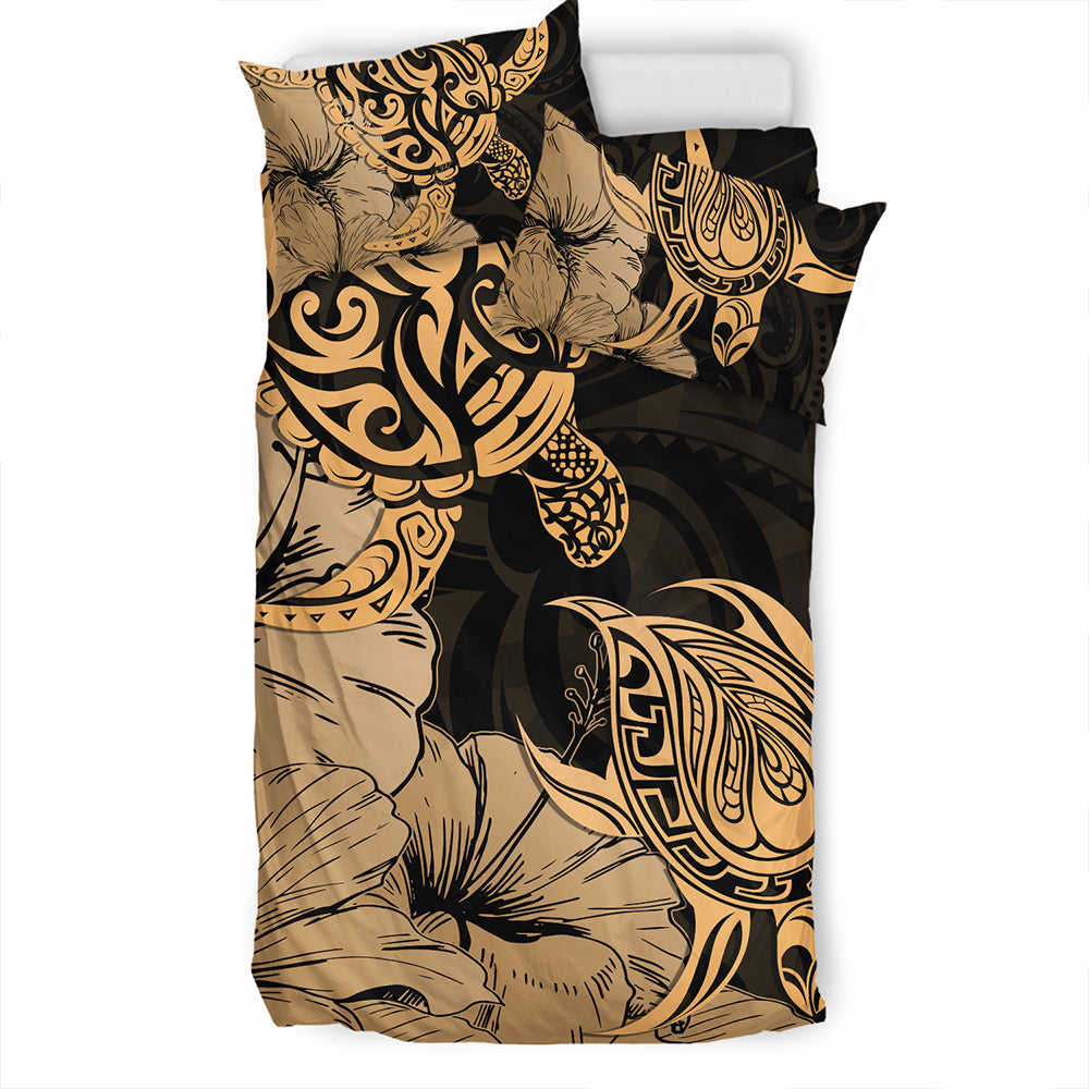 Hawaii Turtle Bedding Set Polynesian Hibiscus Art Gold