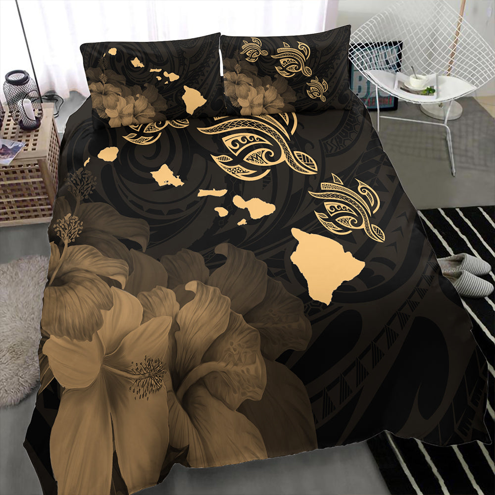 Hawaii Bedding Set Turtle Hibiscus Map Polynesian Family Gold