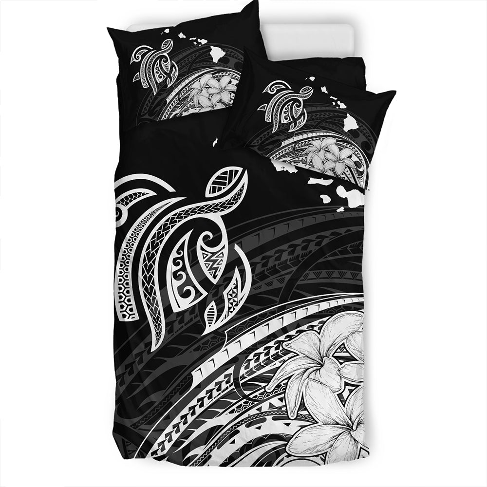 Hawaii Bedding Set Turtle Polynesian Map Plumeria White