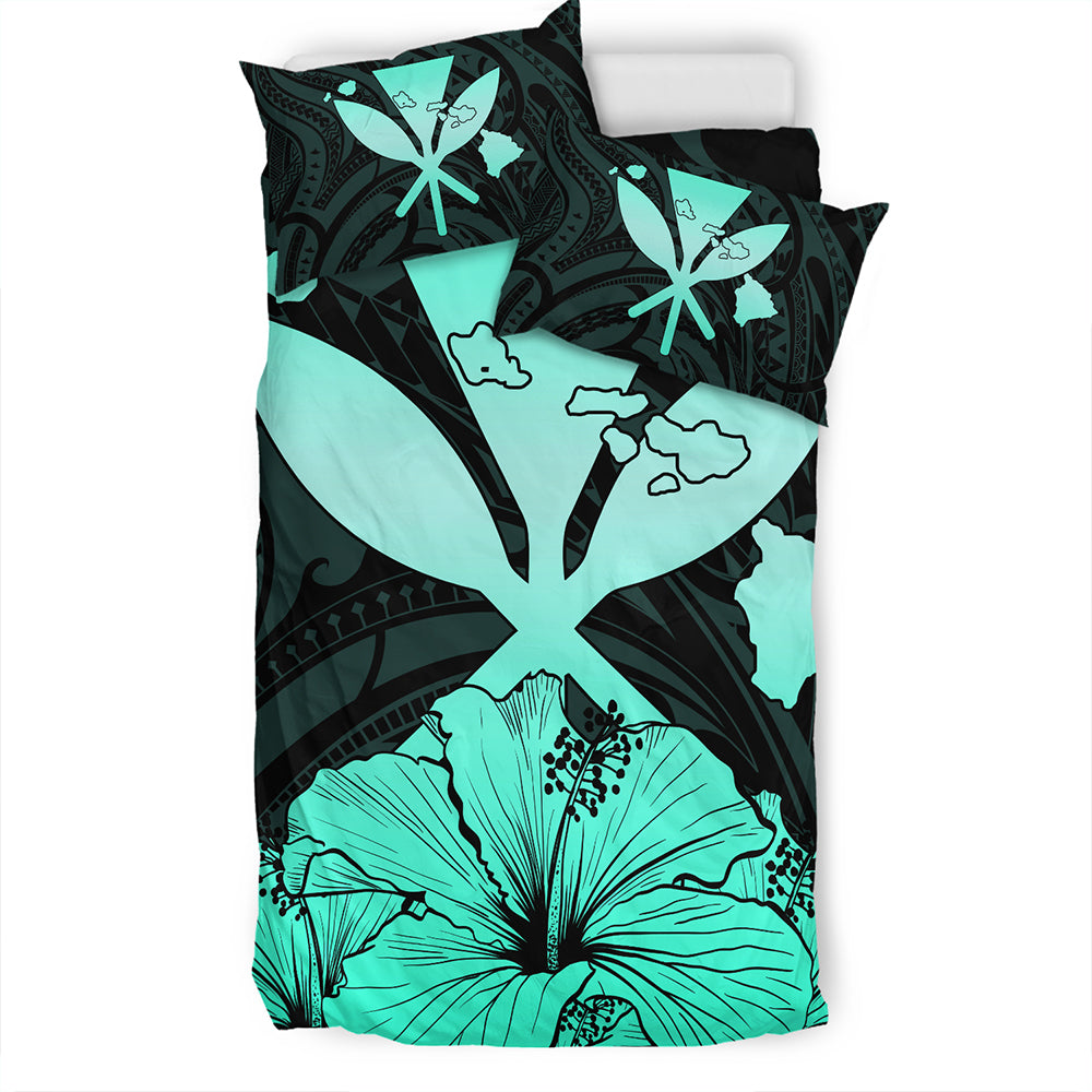 Hawaiian Bedding Set Kanaka Maoli Hibiscus Polynesian Love Turquoise