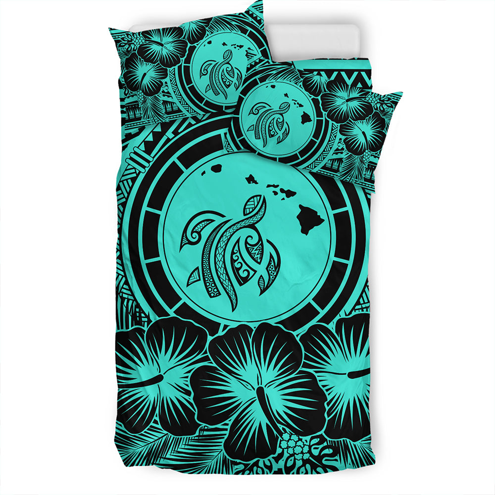 Hawaii Bedding Set Map Honu Hibiscus Polynesian Turquoise