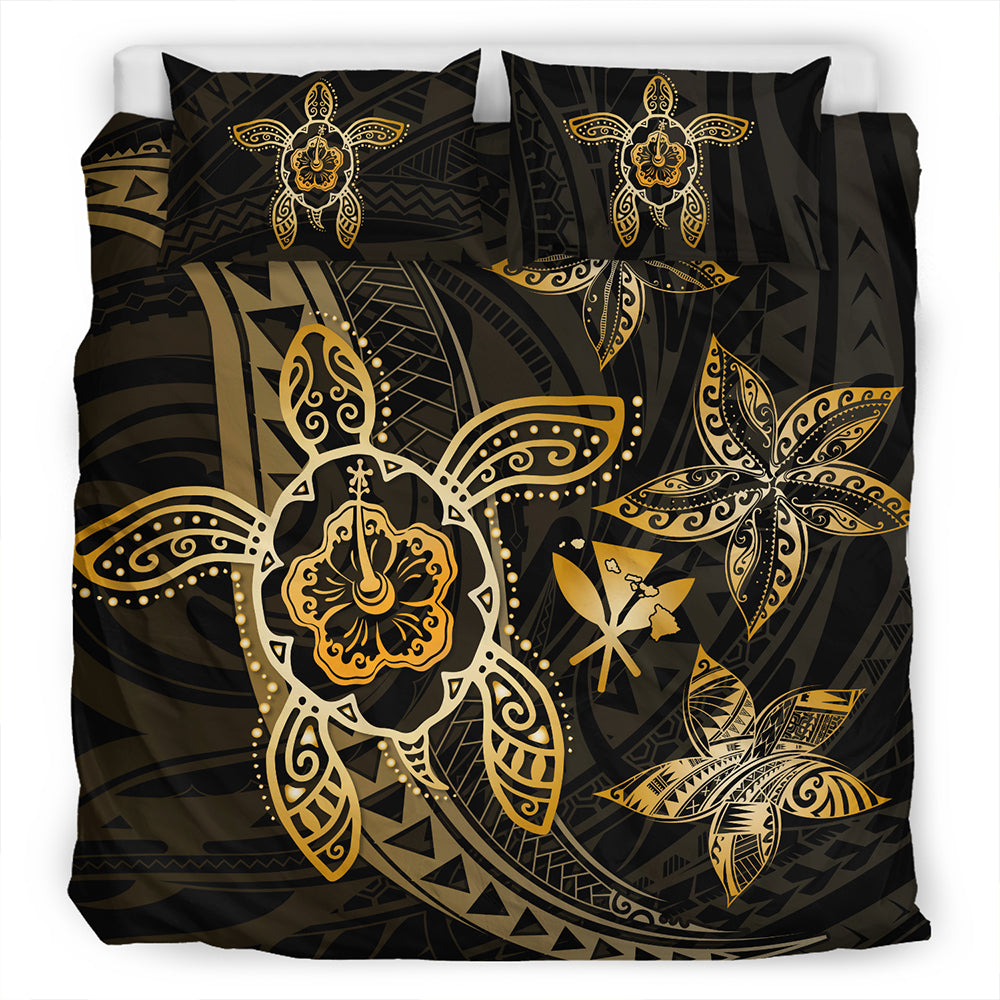 Hawaii Bedding Set Kanaka Maoli Map Hibiscus Plumeria Turtle Art Polynesian Gold