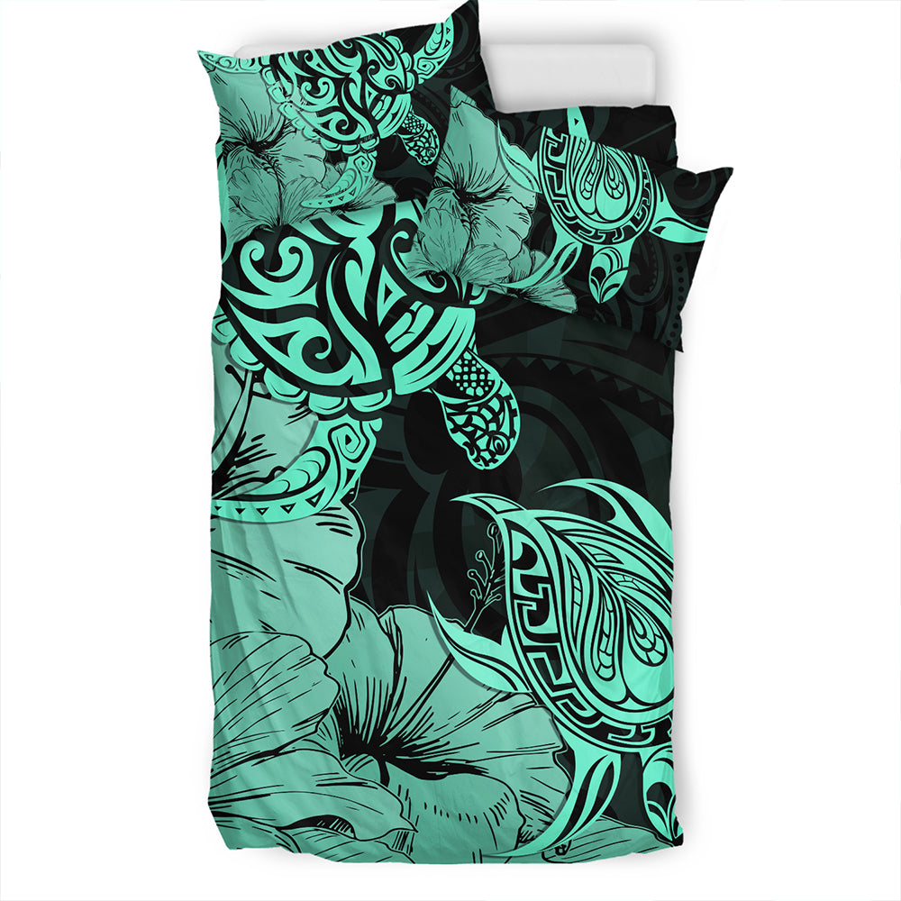 Hawaii Turtle Bedding Set Polynesian Hibiscus Art Turquoise