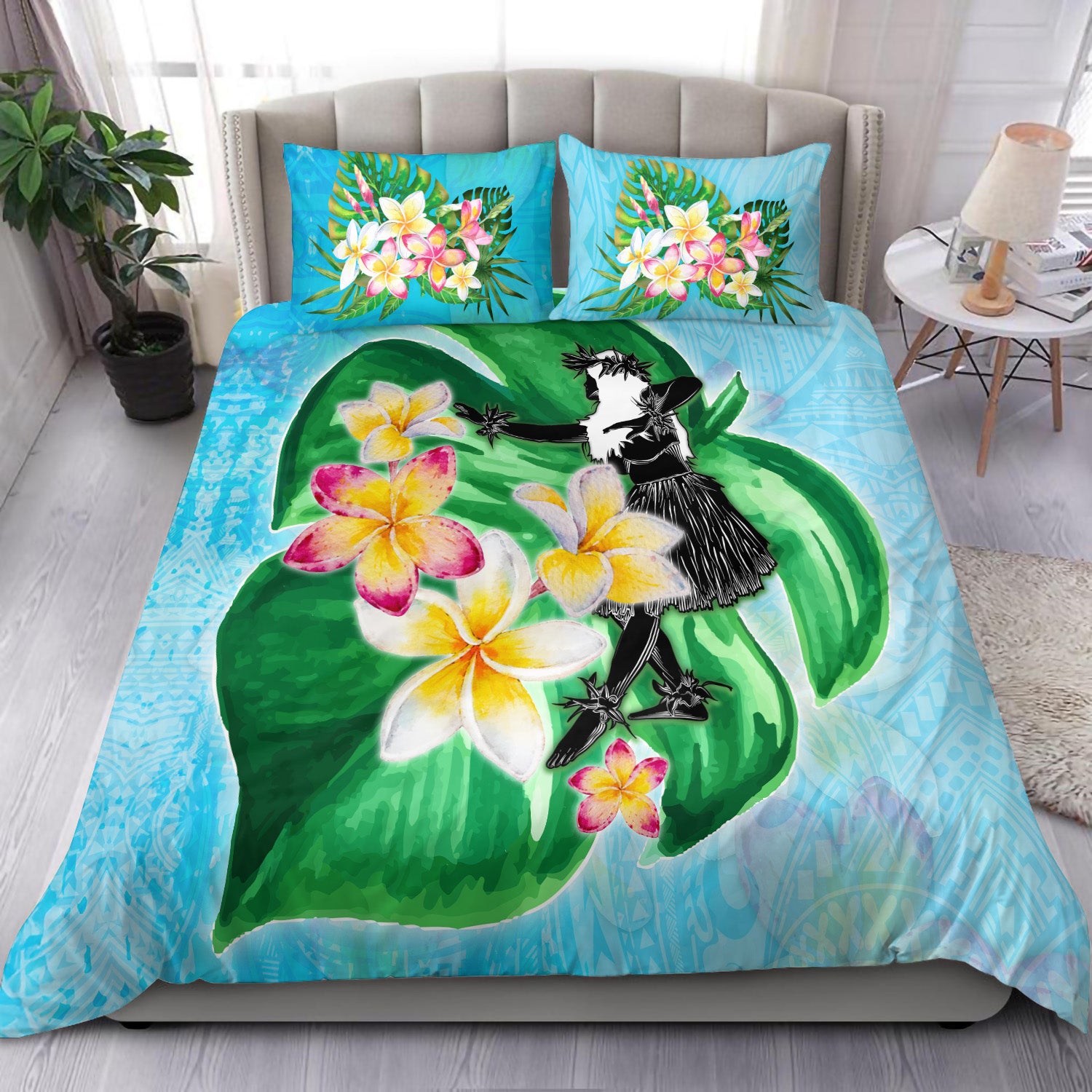 Hawaii Bedding Set Hula Girls With Tropical Flowers Polynesian Style