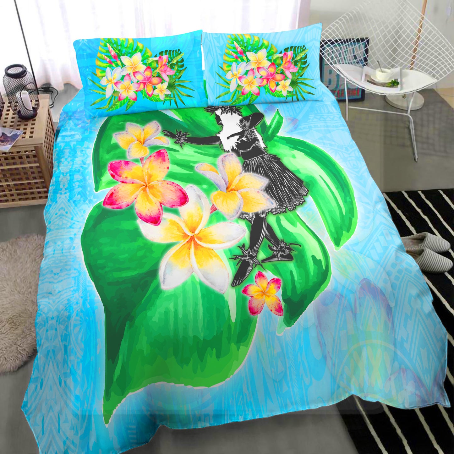 Hawaii Bedding Set Hula Girls With Tropical Flowers Polynesian Style