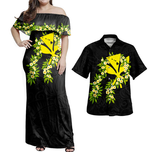 Hawaii Combo Dress And Shirt Tribal Leaf Ti Leaf Lei