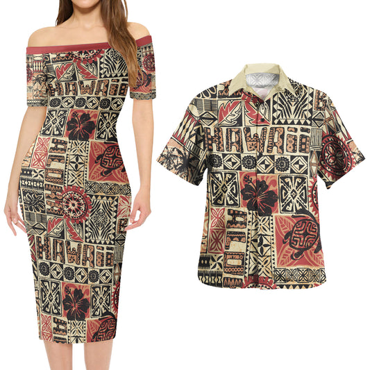 Hawaii Combo Short Sleeve Dress And Shirt Hawaiian Style Tribal Fabric Patchwork