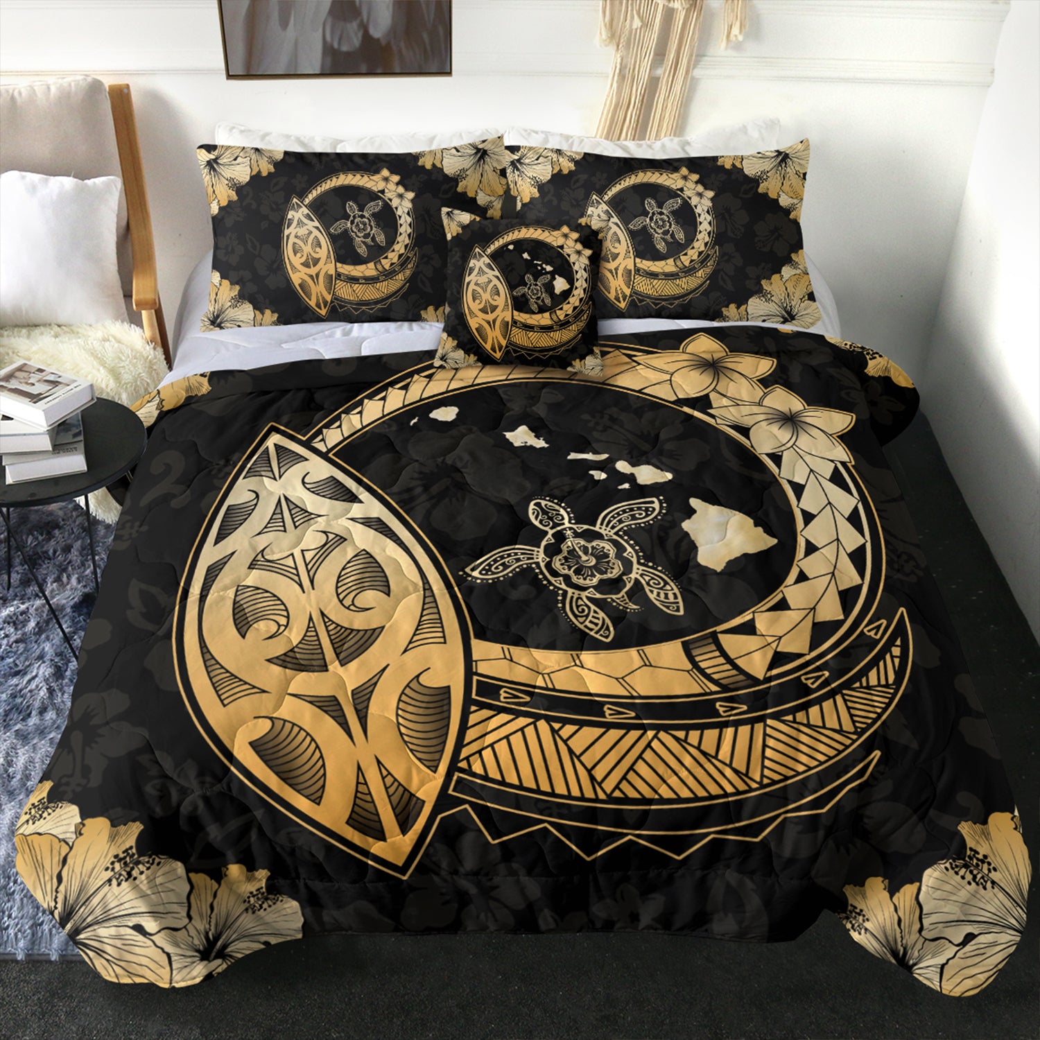 Hawaii Comforter Map Hibiscus Plumeria Turtle Polynesian