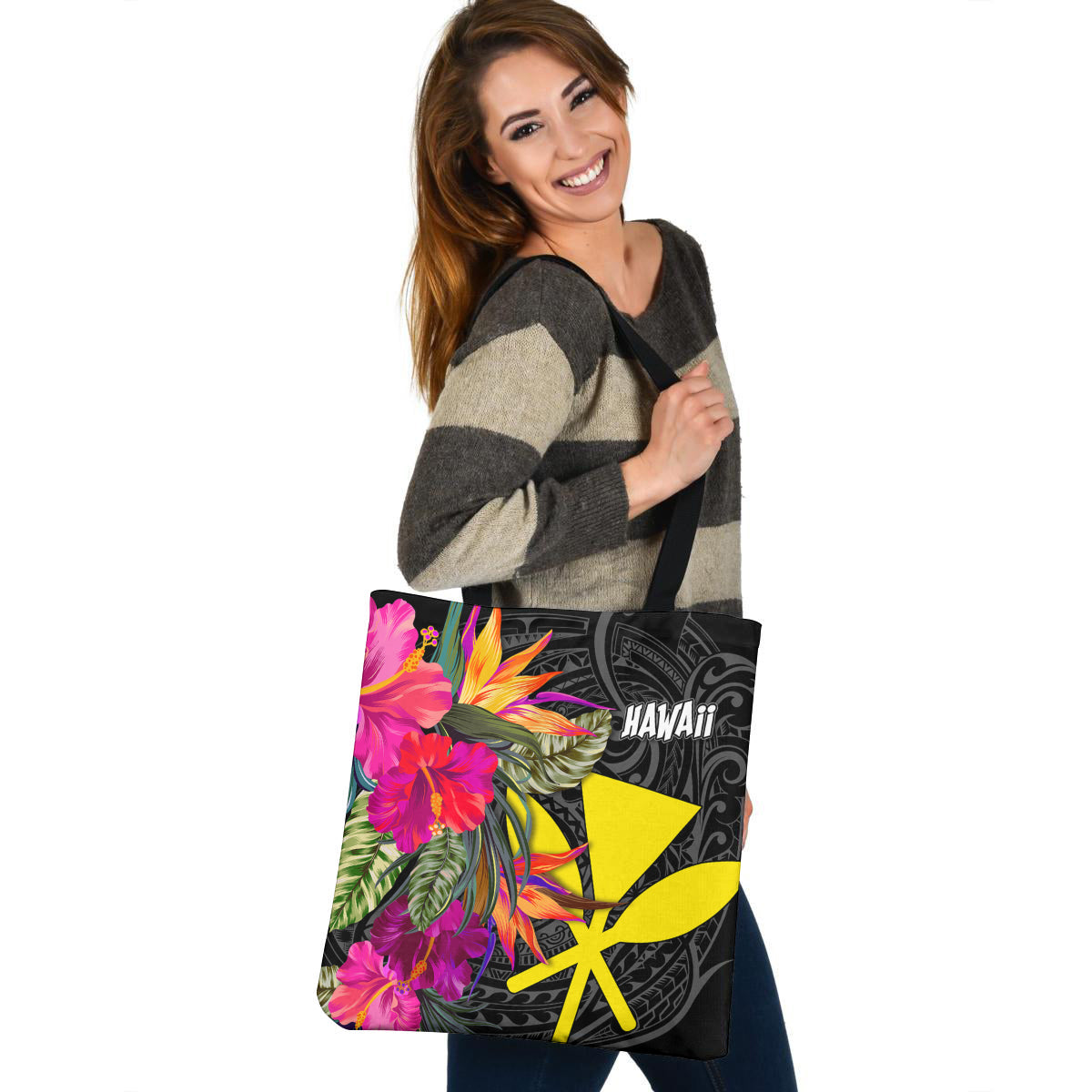 Hawaii Custom Personalised Tote Bag Polynesian Hibiscus Pattern