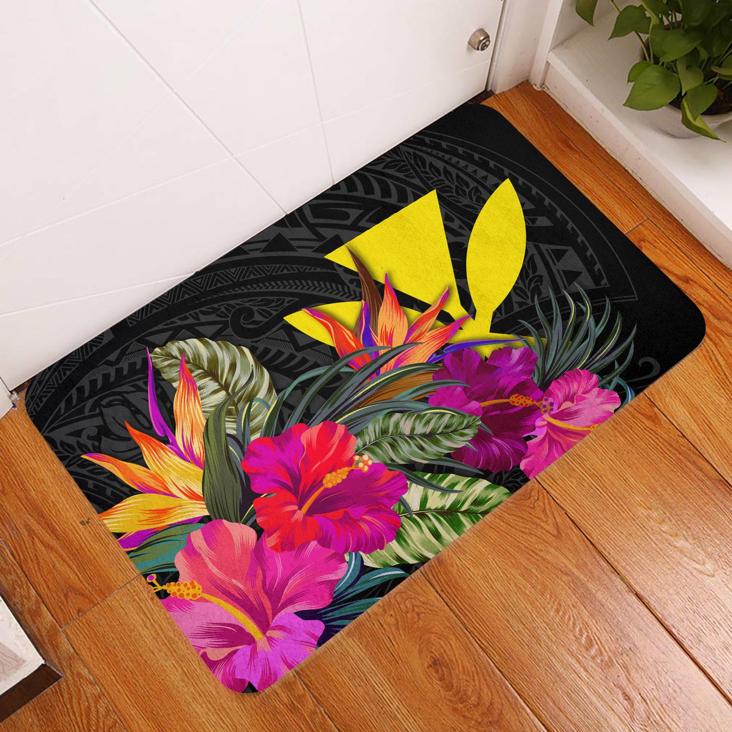 Hawaii Door Mat - Polynesian Pattern Hibiscus