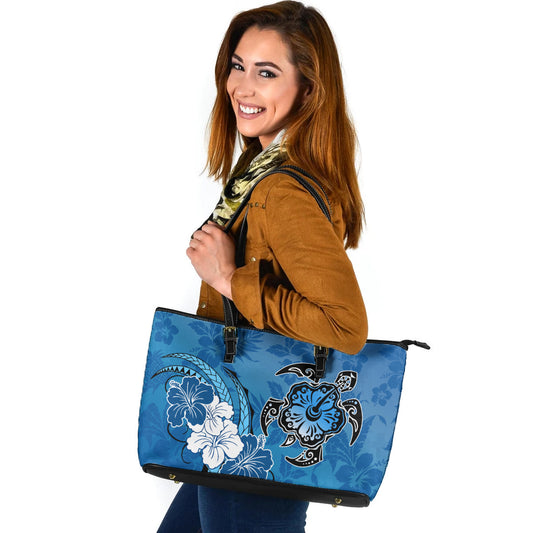 Hawaii Leather Tote Bag Flower And Sea Turtle Polynesian