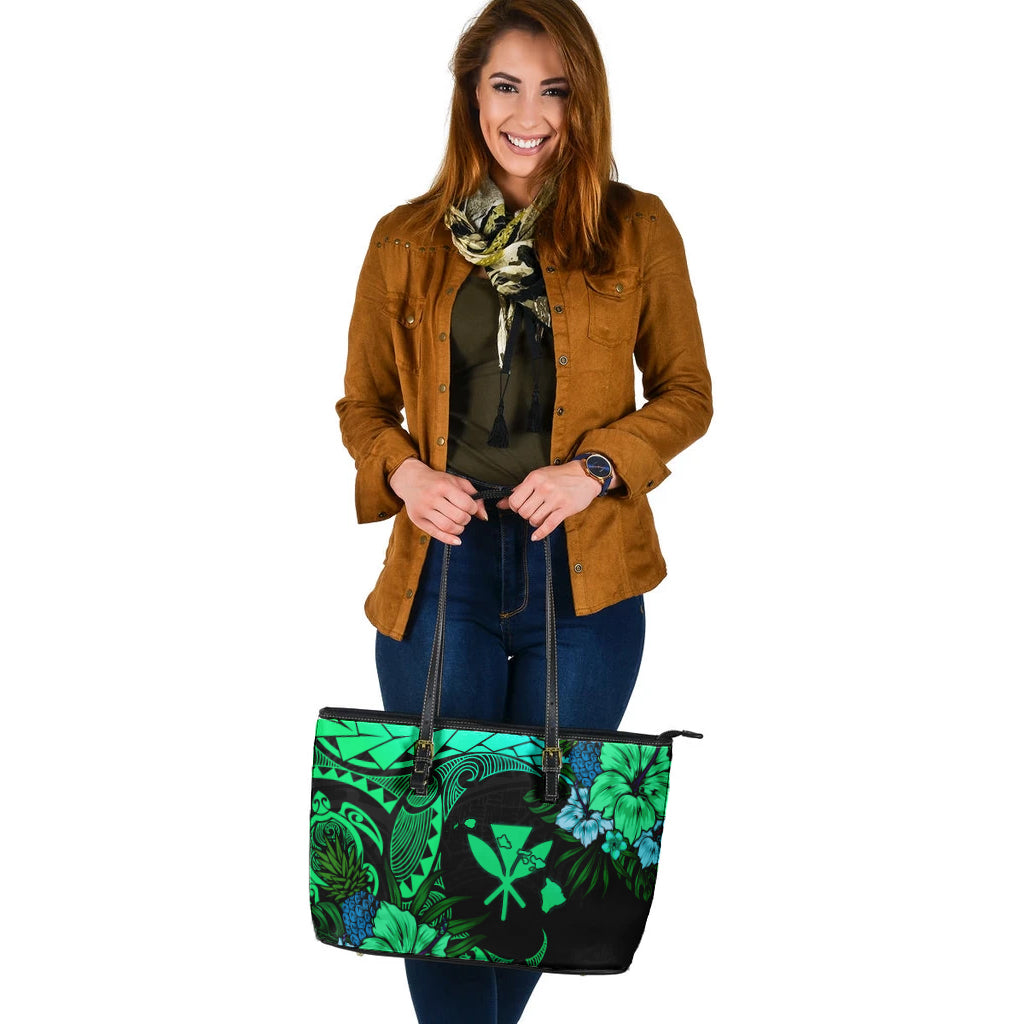 Hawaii Leather Tote Bag Polynesian Turtle Tropical Gardient Green