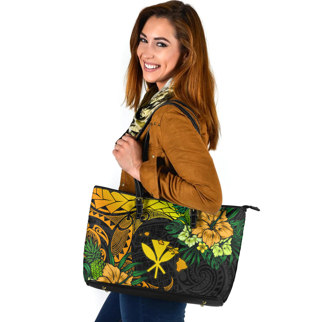 Hawaii Leather Tote Bag Polynesian Turtle Tropical Gardient Yellow