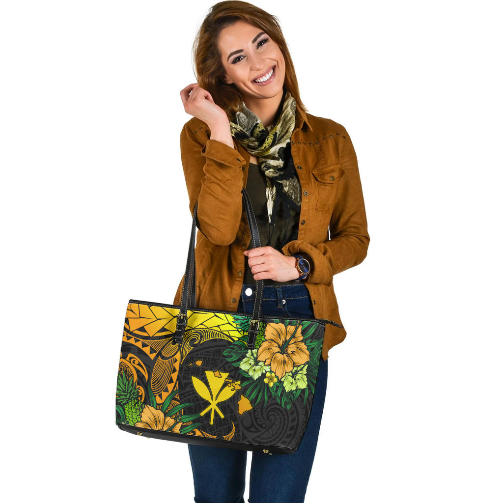 Hawaii Leather Tote Bag Polynesian Turtle Tropical Gardient Yellow
