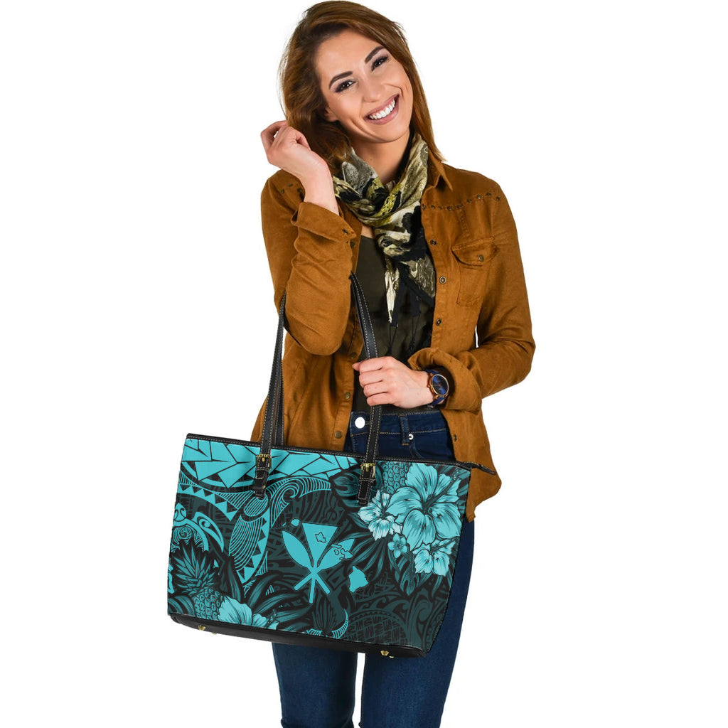 Hawaii Leather Tote Bag Polynesian Turtle Tropical Turquoise