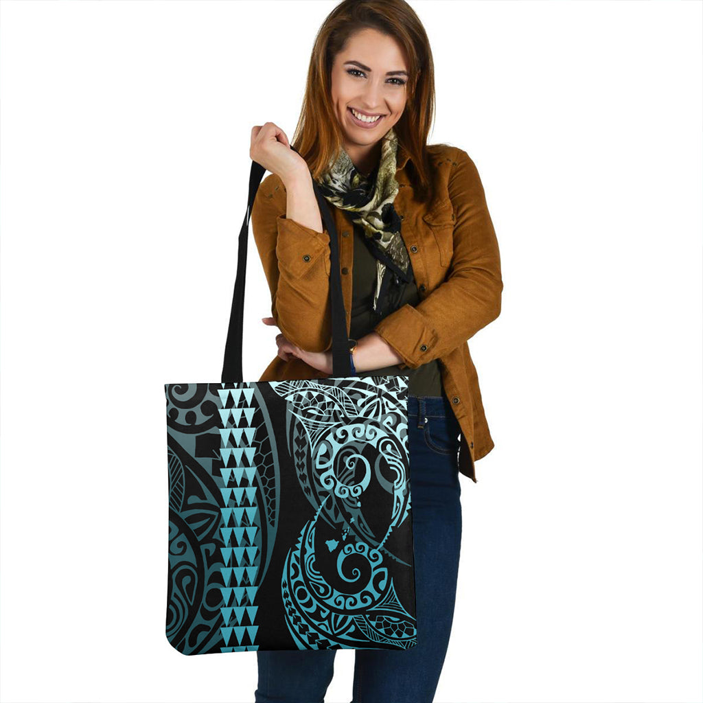 Hawaii Tote Bag Map Kakau Style Turquoise