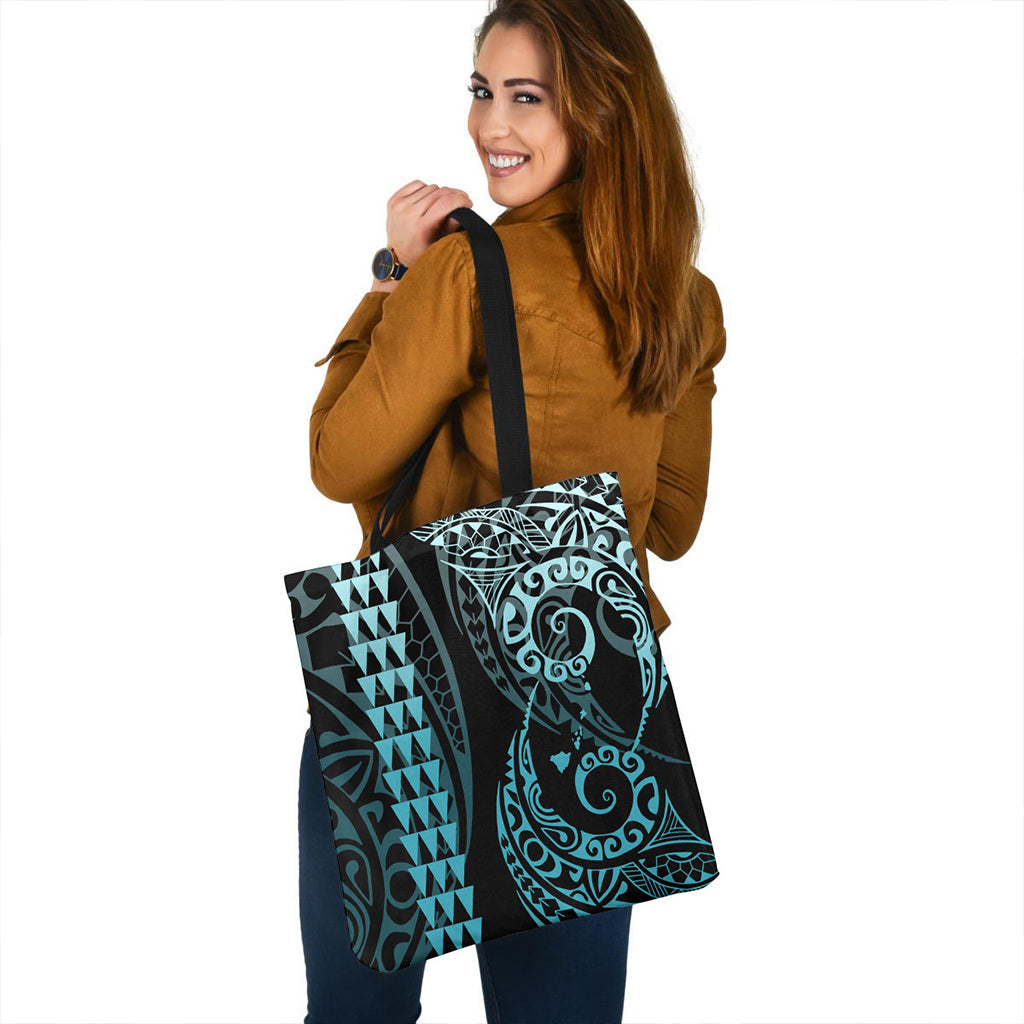 Hawaii Tote Bag Map Kakau Style Turquoise
